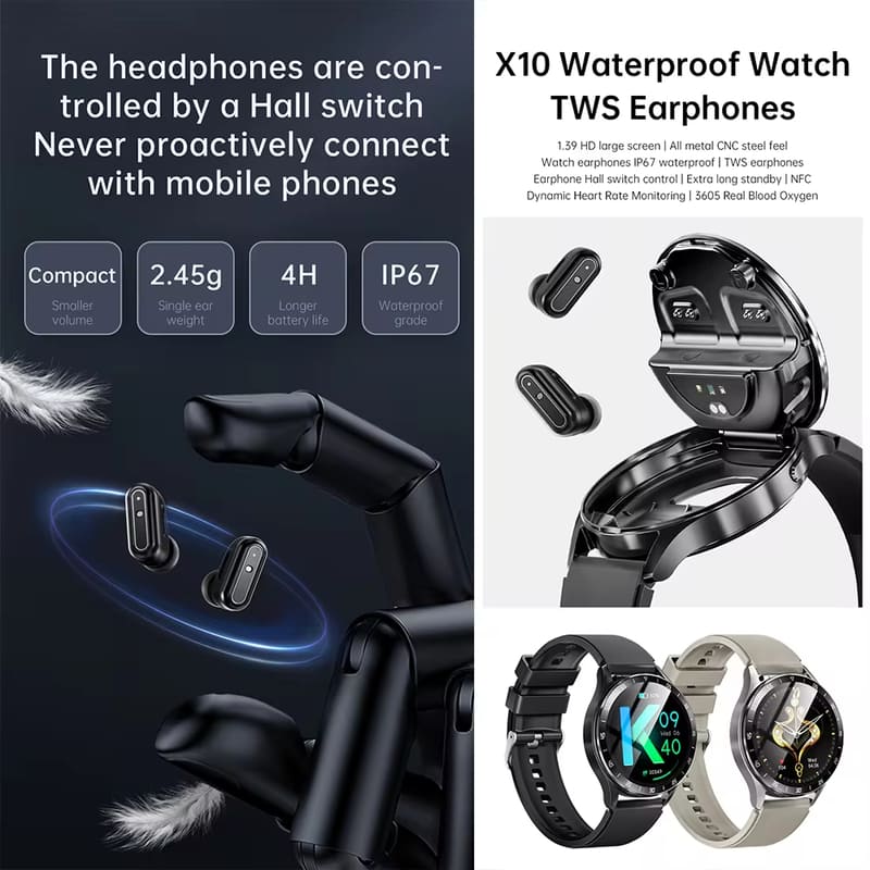 2025 New NFC Headset Smart Watch TWS Two In One Wireless Bluetooth Dual Headset Call Heart Rate Monitor Sports Music Smartwatch