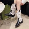 Embroidery Women Western Cowboy Boots 2025 Slip On Thick Heel Knight Long Booties Retro Style Autumn Winter Female Shoes