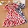 New Summer Thin Girls Sweet Lace Floral Print Princess Dress Girls Chiffon Dress Children Colthes