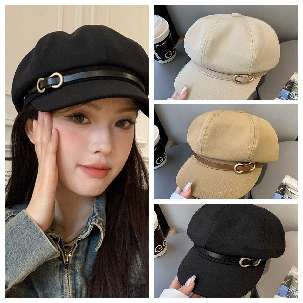 Восьмиугольная шляпа в корейском стиле с кожаной пряжкой, повседневная черная шляпа-берет для уличной одежды