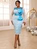 Blue Lace Bodycon Dresses for Women O Neck Long Seleve Patchwork Lovely Bowtie Banquets Gowns