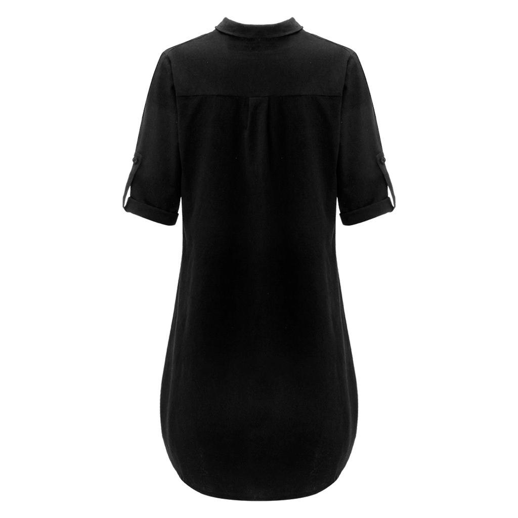Women Fashion Plus Size Solid Cotton Linen Turn Down Collar Loose Shirt Dress