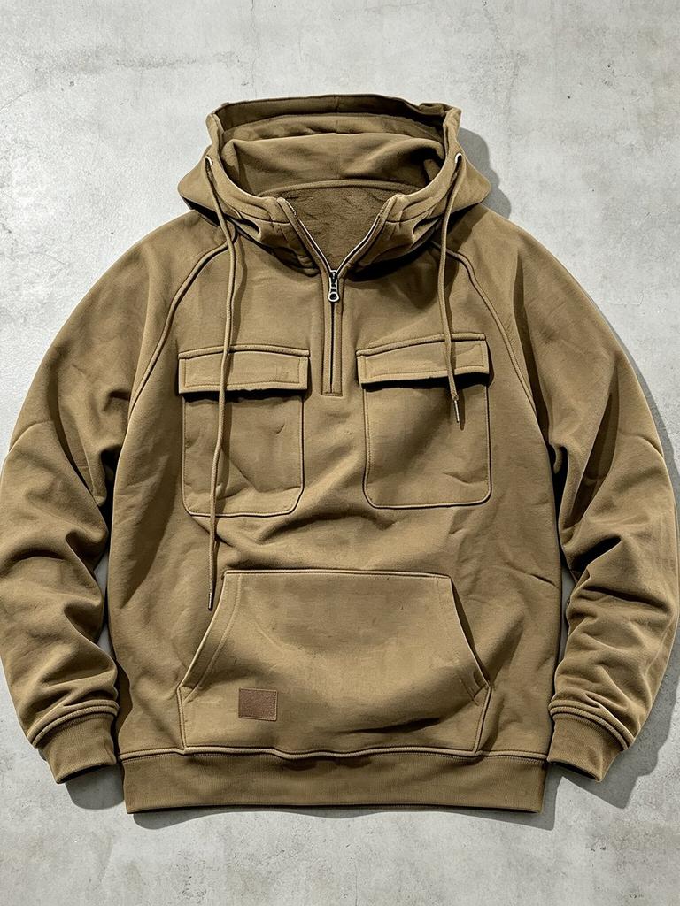 Men's Retro Workwear Hoodie Half Zip Oversize Multi-Pocket Solid Color Pullover Casual Streetwear