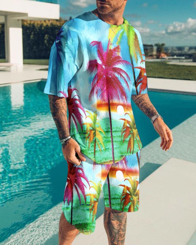 Футболки с принтом Hawaiian Coconut Tree 3D, комплекты с шортами, мужские спортивные костюмы, свободная футболка с коротким рукавом, пляжные шорты, мужские комплекты
