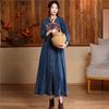 Woman Spring Pocket Cotton Single Breasted Long Sleeves Dress V-Neck Embroidery Solid Color A-Line Dress