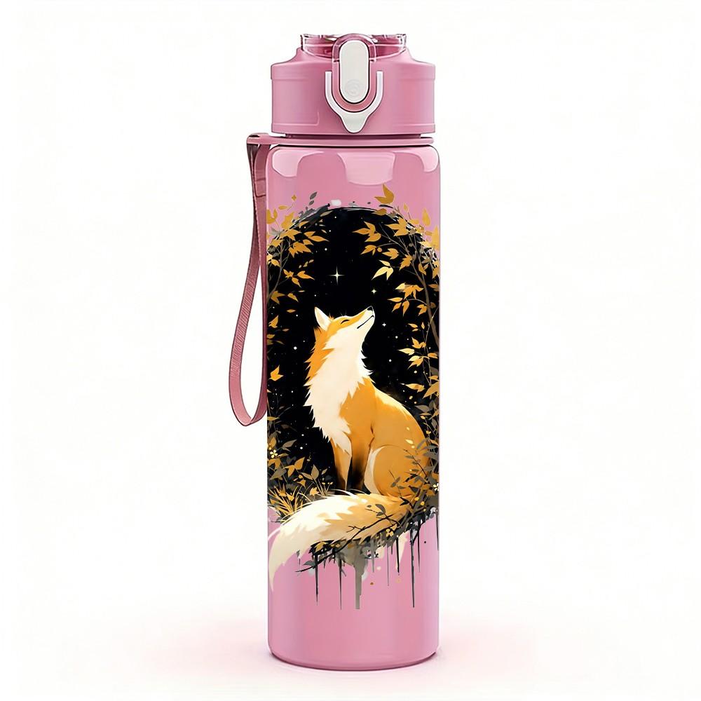 1PC Fox Dark Moon Art 750ml Color Plastic Sports Water Bottle Leakproof Flip Straw Lid Suitable for Sports Office Home Use