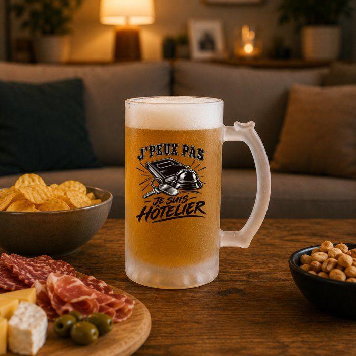 Chope de bière - PLANETEE - J'peux pas minimaliste - Verre trempé givré - 470 ml - Anse recto-verso