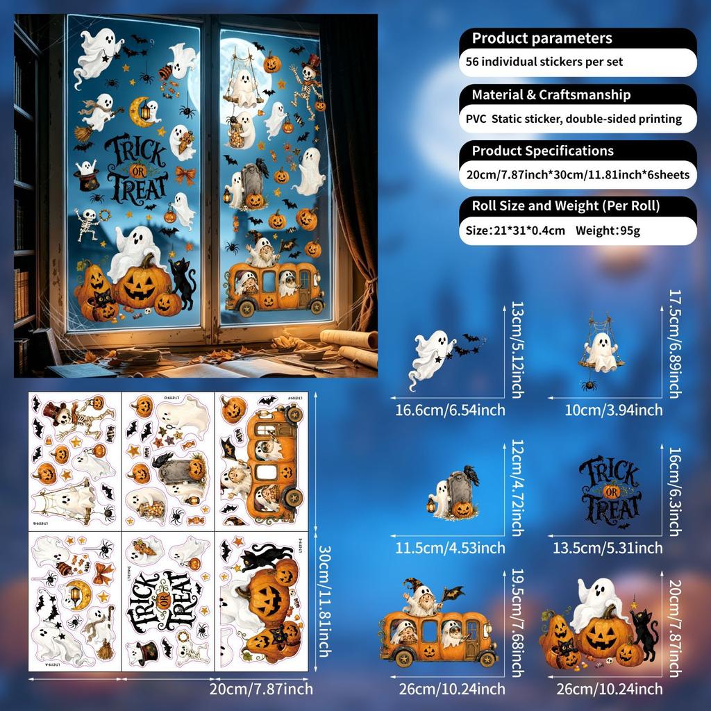 Vintage Halloween static window stickers with Ghost Skull Pumpkin Bus can be removable from the display window