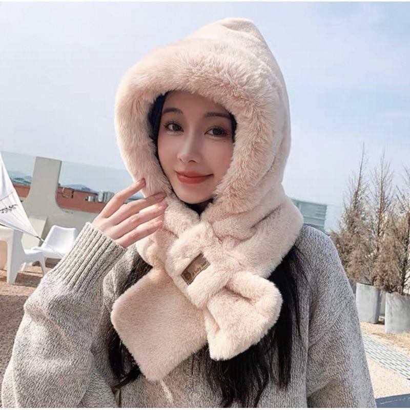 Hat Female Autumn and Winter Warm Knitted Wool Snow Hat Cycling Mother Fashion Ear Protection Headgear Scarf Integrated Hat