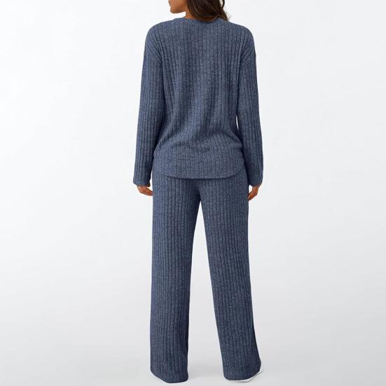 Женские костюмы для отдыха из двух частей, повседневный топ с длинным рукавом, брюки с широкими штанинами, пижамный комплект, вязаный в рубчик свитер, одежда для сна