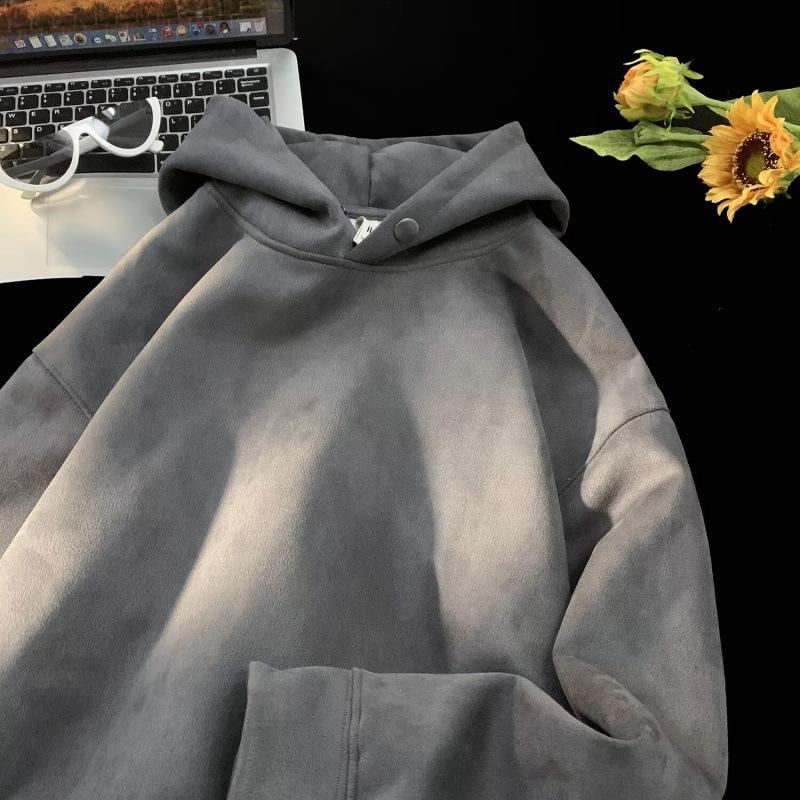 Мужская замшевая толстовка с капюшоном большого размера: Модная куртка свободного кроя с длинными рукавами для весны и осени