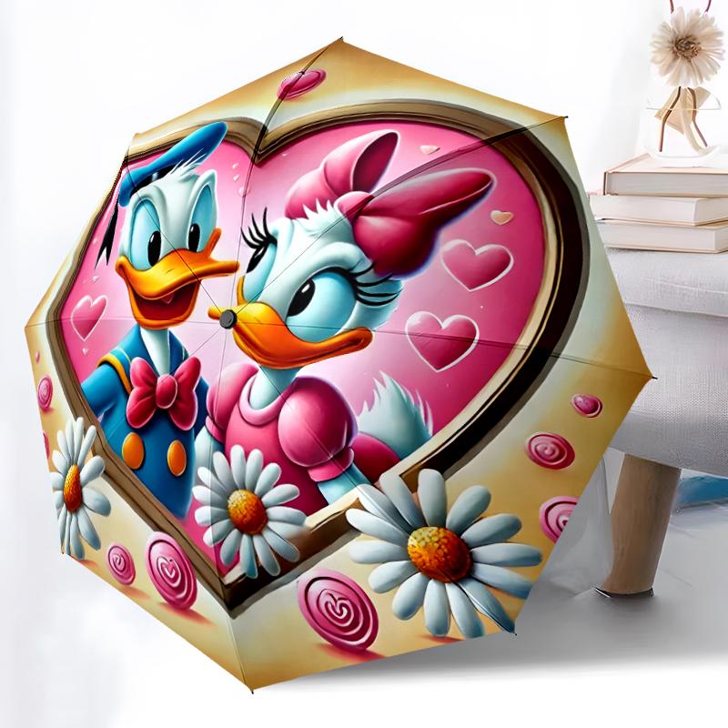 1pc Sturdy 8-Bone Auto Umbrella, Donald And Daisy Duck Pastel Floral Umbrella, Digital Printed, Foldable Umbrella for On-the-Go Outdoor Use