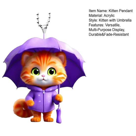 Umbrella Cat Pendant Car Rearview Mirror Charm Kitten 2D Acrylic Car Ornament Cartoon Hanging Decoration for Car Interior Home Window Keys