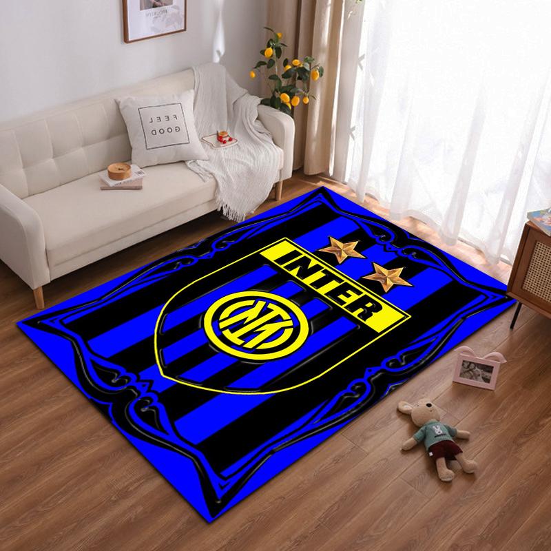"Inter Logo Black Blue Striped Design Rug - Non-slip rug suitable for living room and bedroom sofas"