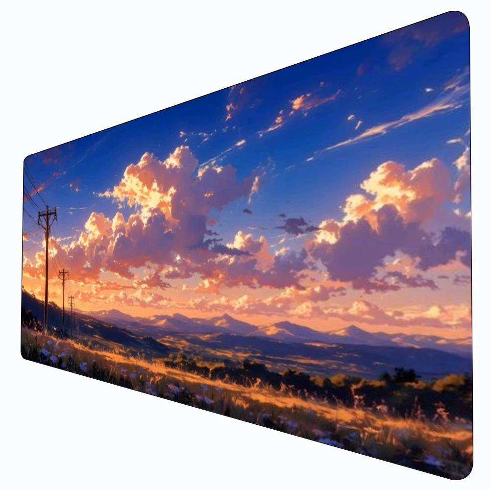 Anime Sunset Countryside Large Mouse Pad Xxl Golden Hour Mountain Meadow Power Poles Glowing Orange Clouds Blue Sky Serene Rural