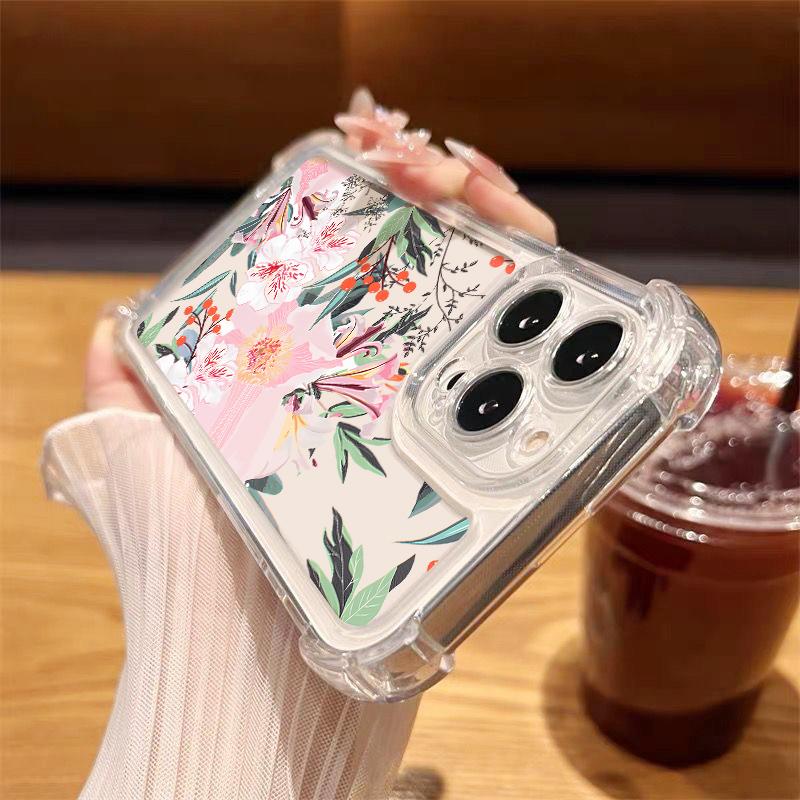 Для iPhone 16 Pro Max 16E 15 Pro 14 13 12 11 Чехол для телефона Прозрачный с цветочным принтом Противоударный Мягкий силиконовый Ударопрочный Защита объектива Бампер