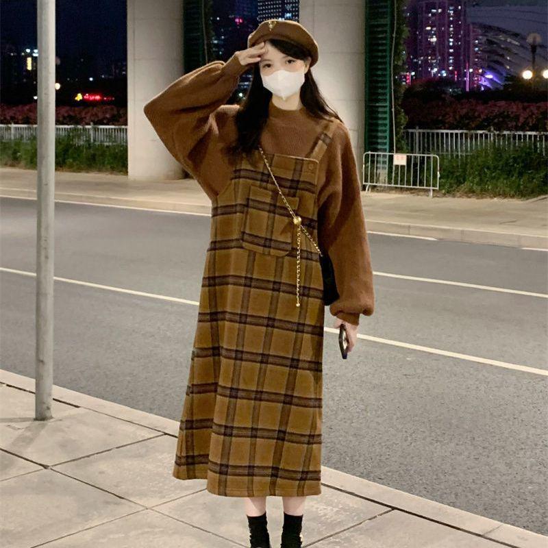 Сладкое соленое платье-сарафан в клетку с цветными блоками и комплект свитера с длинным рукавом для весны/осени