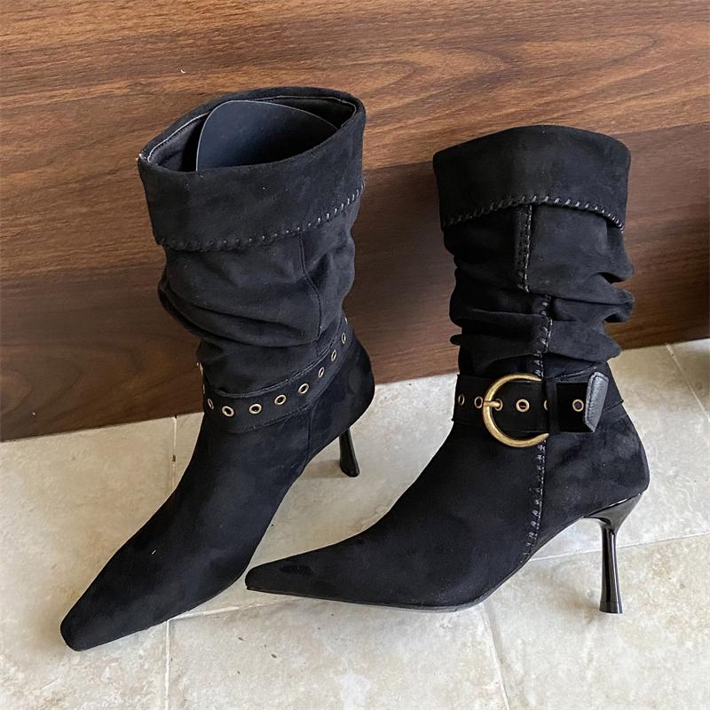 Designer Pleated Turned Over Edge Ankle Boots Women Short Booties Sexy Thin Heels Buckle Strap Banquet Prom Shoes