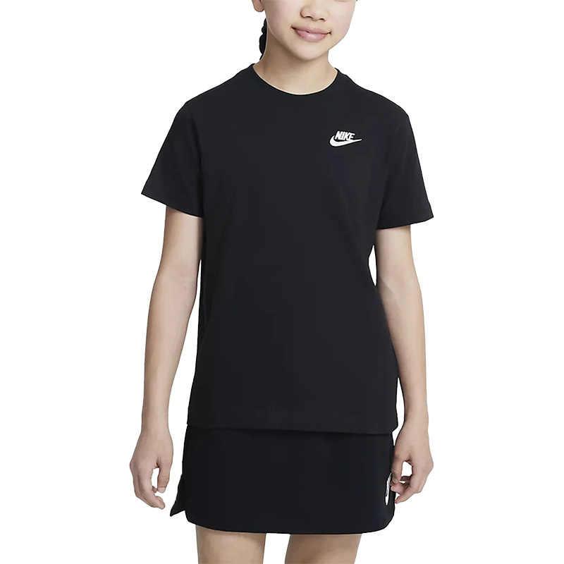 Nike Спортивная повседневная футболка с круглым вырезом и коротким рукавом с вышитым логотипом, детские топы, черный цвет FD0927-010