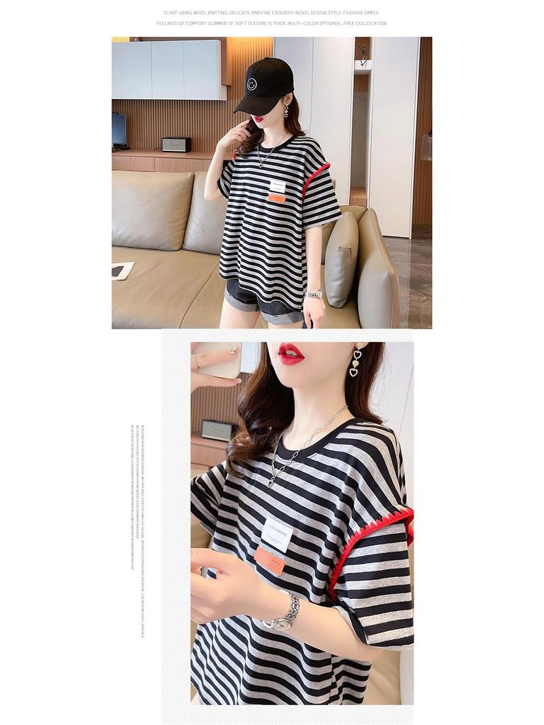 Женская полосатая хлопковая контрастная футболка в корейском стиле, свободный крой, размер плюс, лето 2025 г., модный круглый вырез