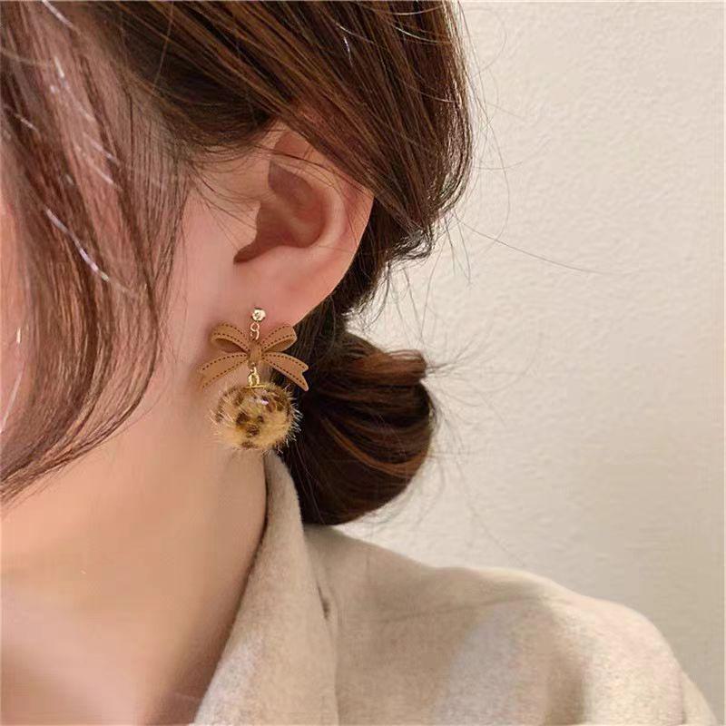Chic Leopard Print Bow Earrings with Long Fur Ball – Trendy, High-Grade, Multi-Color Design for Women