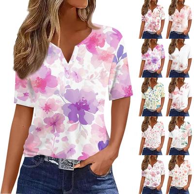Жен. Футболка С принтом Пуговицы С короткими рукавами Повседневные Выходные Мода Классический Классический V-образный вырез Обычный Топ