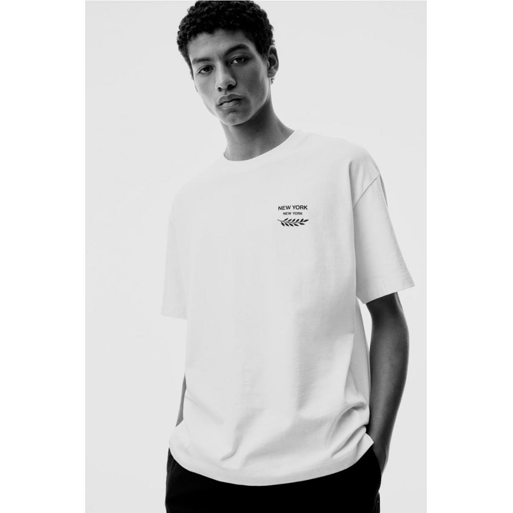 Футболка свободного покроя с принтом HM, белая, Нью-Йорк