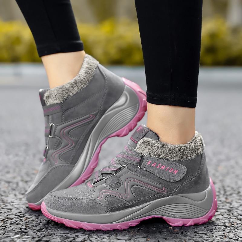 Зимние женские зимние сапоги, кожаные женские теплые толстые плюшевые зимние сапоги, водонепроницаемые женские замшевые ботинки на танкетке, нескользящая женская обувь