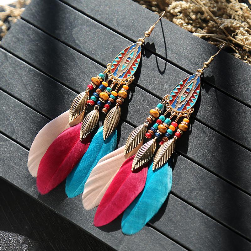 Bohemian Long Feather Dangle Earrings For Women Beach Chain Tassel Drop Earrings Wedding Bride Jewelry Girl Gift