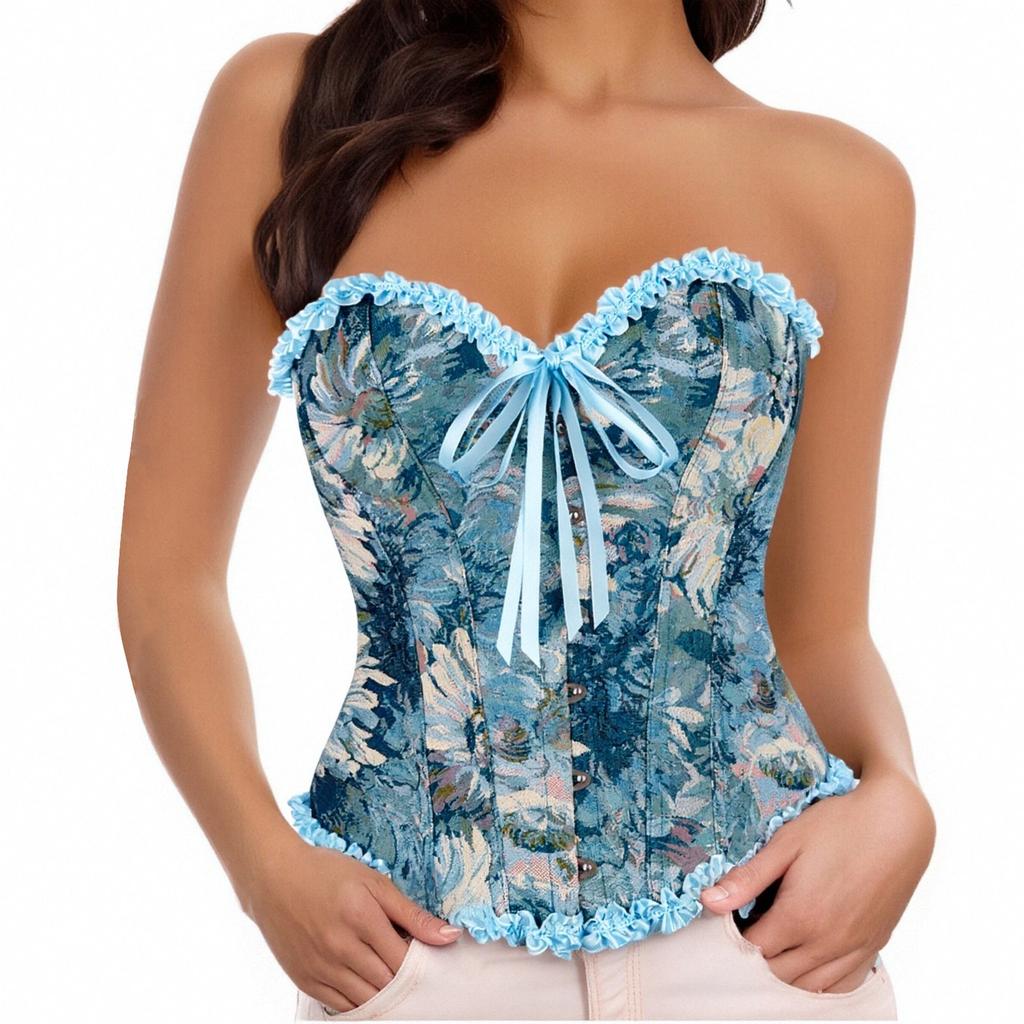 Винтажный цветочный парчовый корсетный топ для женщин, Элегантный strapless бюстье с кружевной отделкой и бантом из ленты, Синий S-XXL