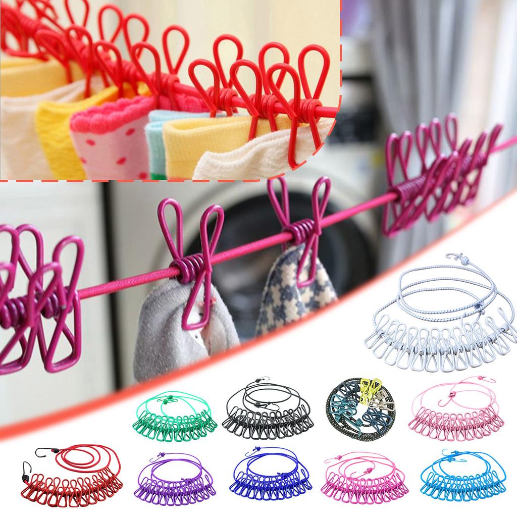 Portable Clothesline With 12 Clothespins, Windproof Travel Clothesline Stretchy Retractable Elastic Laundry Clothes Line