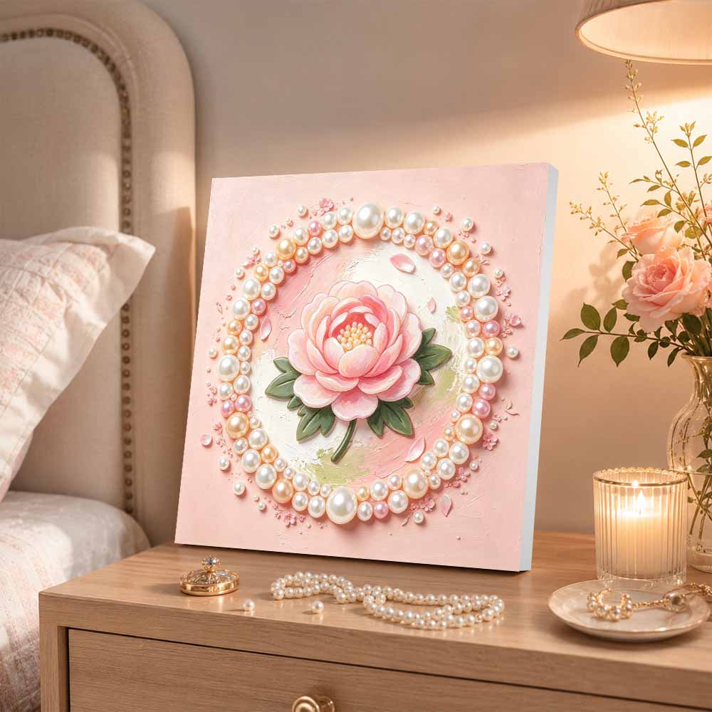 Pearl painting kit DIY pink peony flower wreath home or office wall decoration