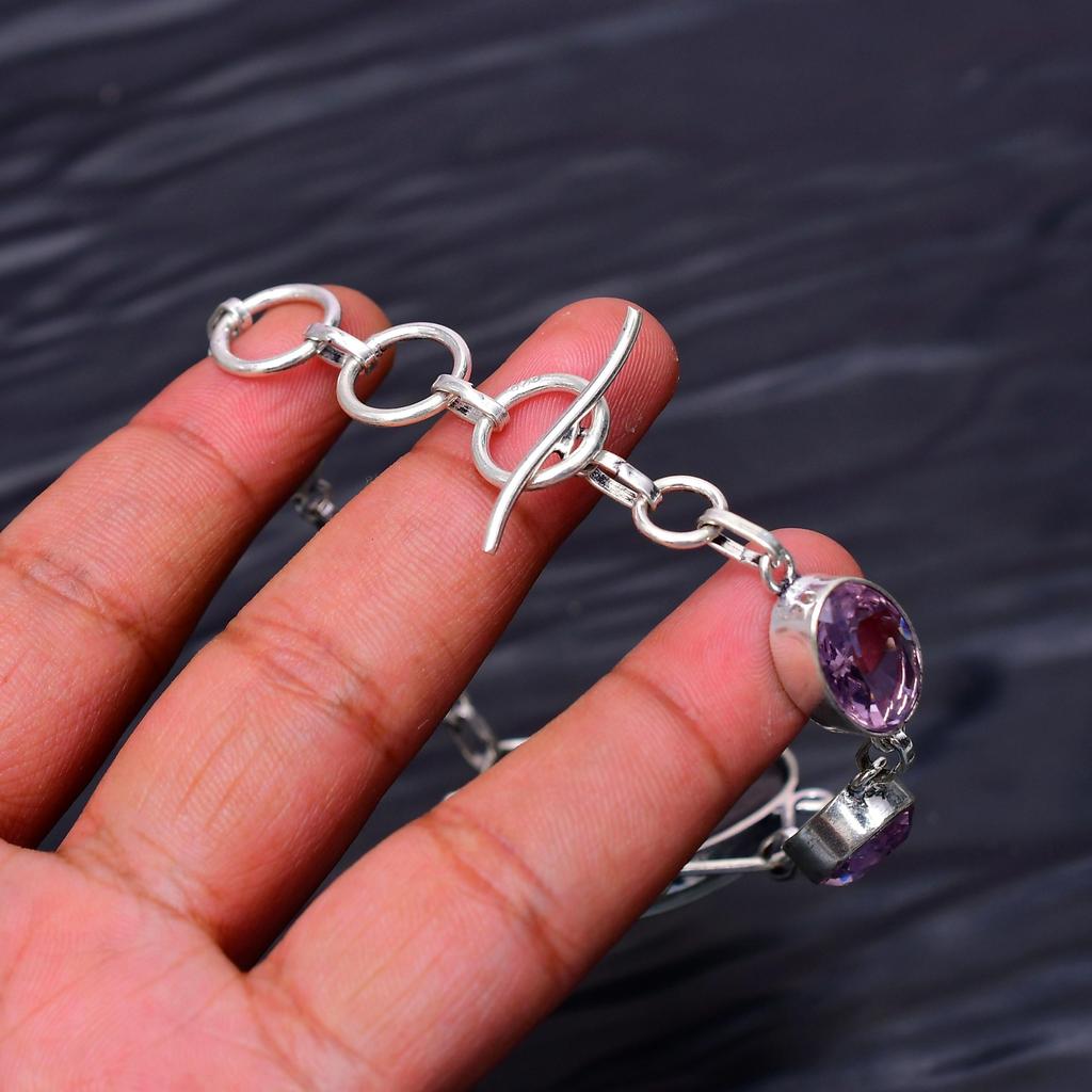 Triplet Opal & Pink Kunzite Gemstone : 925 Sterling Silver Handmade Multi Gemstone Bracelet Jewelry