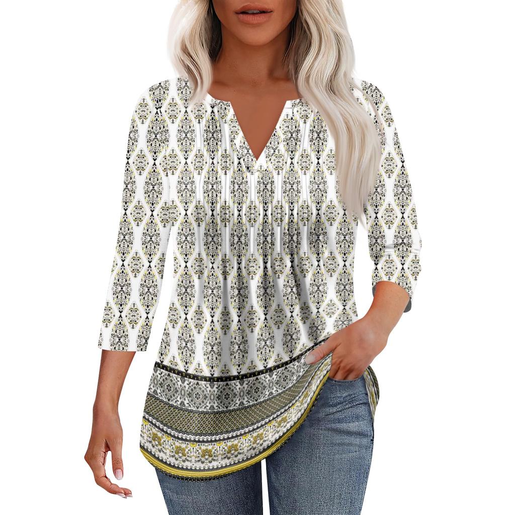 Women's Fashionable Casual Pleated V Neck Solid Color Seven Quarter Sleeve T-shirt Top