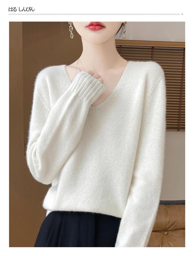 Minimalist 100% Wool V-Neck Sweater: Seamless, Solid Color, Long Sleeve, New Women's Knit