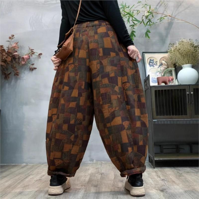 Johnature Женские зимние модные брюки-шаровары в винтажном стиле с принтом, свободные повседневные брюки с эластичной резинкой на талии в китайском стиле