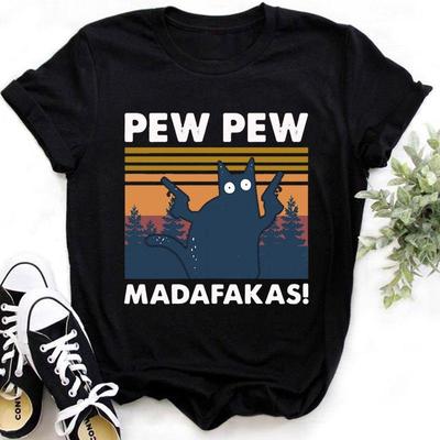 Новая футболка Pew Pew Madafakas Новинка Смешная кошка Винтажная с круглым вырезом Мужская футболка Смешная футболка