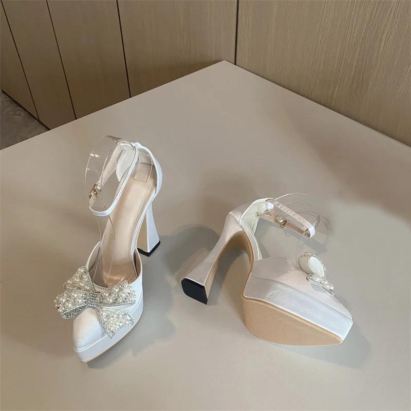Fashion Ins Style Pearl Butterfly-Knot Women High Heels Sandals Sexy Thick Bottom Pointed Toe Platform Pumps Wedding Banquet Shoes