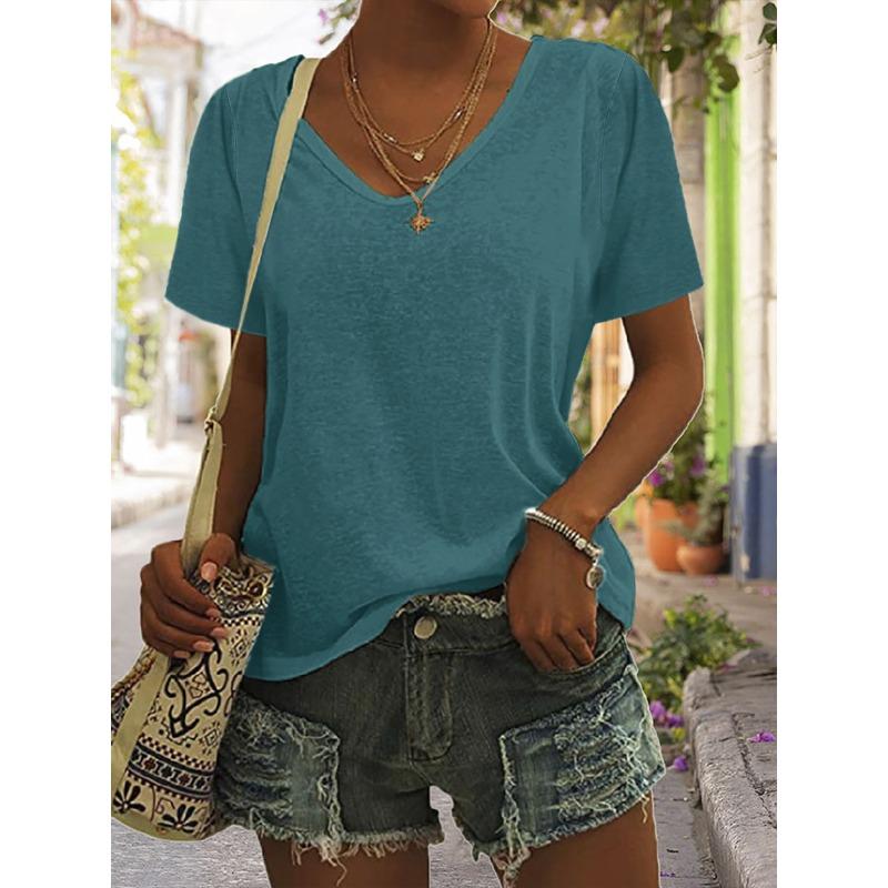 YYFS Женские модные повседневные летние весенние однотонные блузки и рубашки с v-образным вырезом и короткими рукавами с принтом