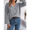 Women's Autumn and Winter Solid Color V-neck Button Twist Lantern Sleeve Pullover Sweater