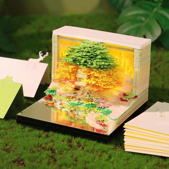 3D Time Piece Calendar Carved Tree Memo Pad 2026 Desk Calendar with LED Light Tear-off Decorative Panda Calendar Christmas Gift for Colleague Friend