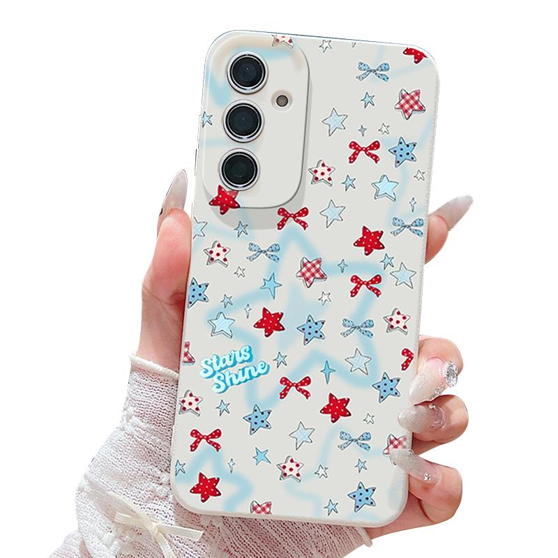 Чехол со звездочками и бантами для Samsung Galaxy A57 A37 A17 A56 A36 A26 A16 A55 A35 A15 A54 A34 A14 5G Силиконовый чехол с текстурой кожи