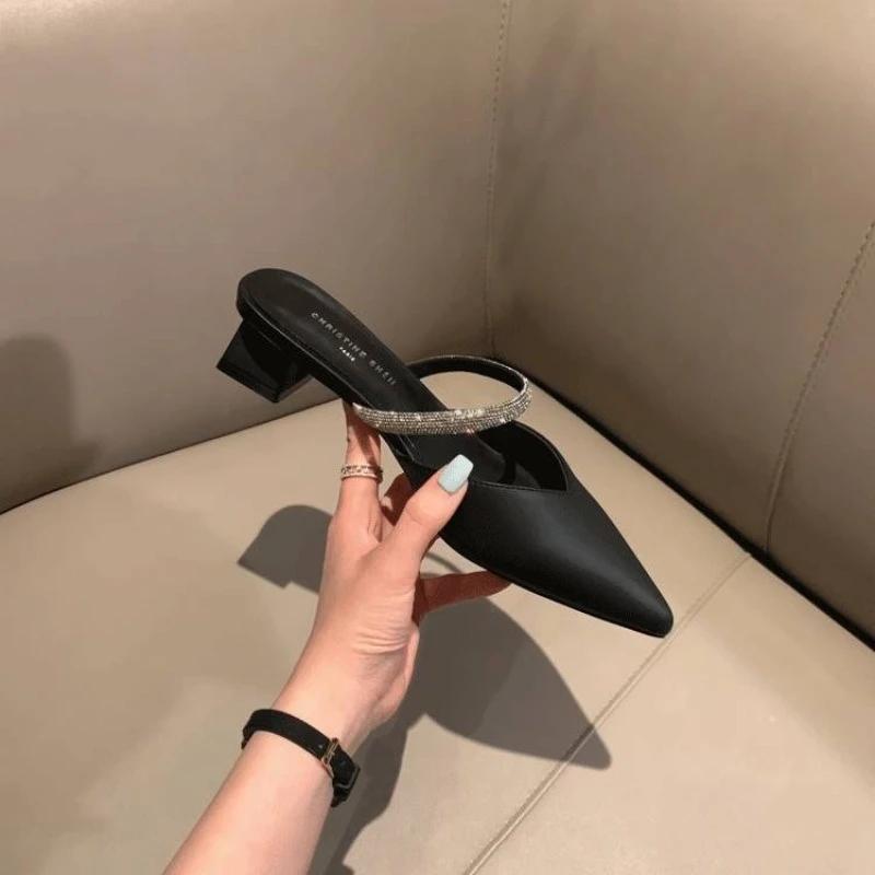 Модные женские тапочки, женские туфли, мюли с острым носком для женщин 2024, тапочки на тонком каблуке, мягкие бежевые шлепанцы на каблуке, модные, новые, комфортные