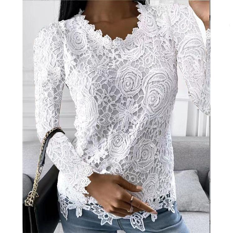 Women's Round Neck Solid Lace Long Sleeve Top