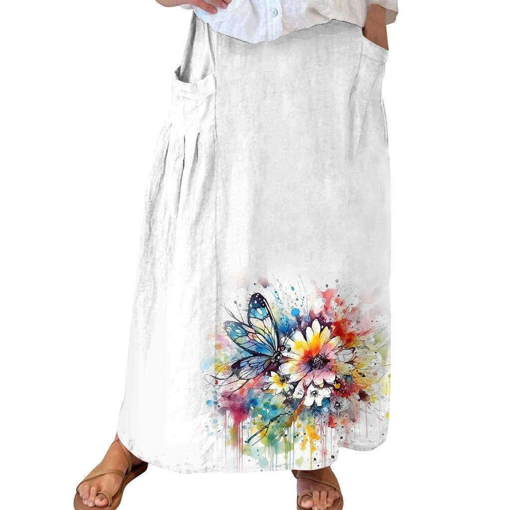 Women Casual Loose Boho Elastic Waist A-Line Beach Flowy Swing Vacation Maxi Skirt With Pocket
