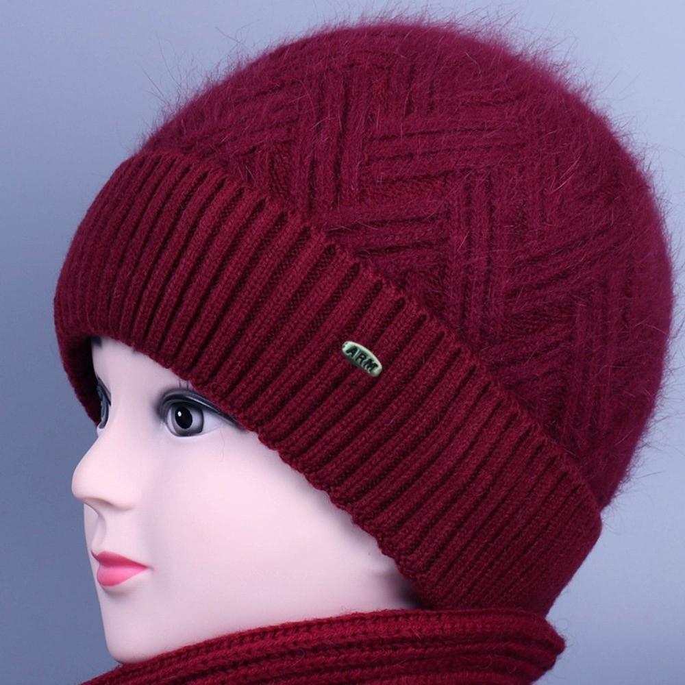 Thick Plush Liner Knitted Beanie Fuzzy Knit Fabric Elderly Ladies Hat Senior Women Daily Wear