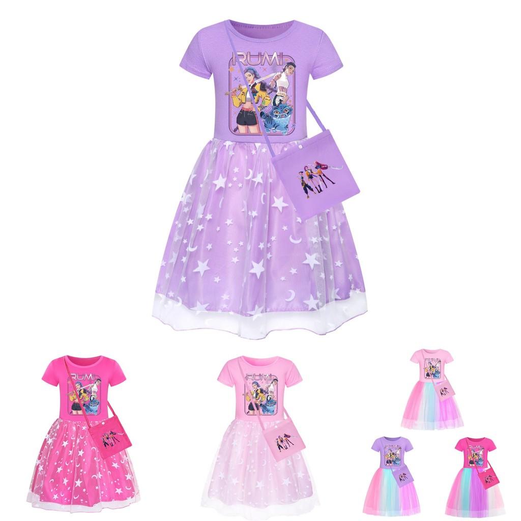 Kpop Demon Hunters Pattern Girl Dress With Cotton Fabric And Pleated Skirt For Kids Girls