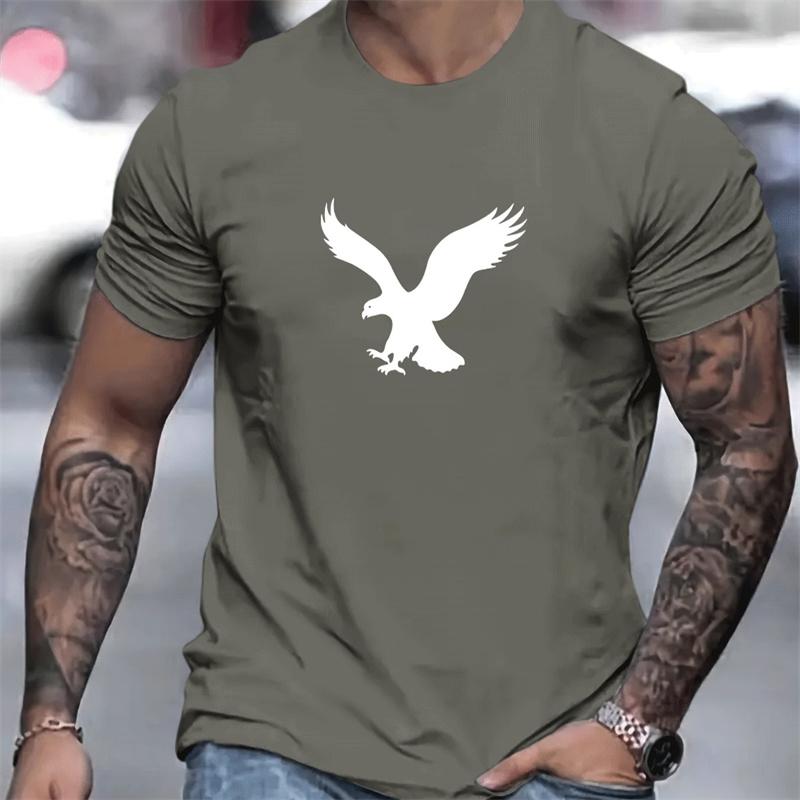 2024 Summer New Men's Simple Fashion Loose T-Shirt Eagle Print Round Neck Solid Color Short-Sleeved T-Shirt Casual Daily Tops