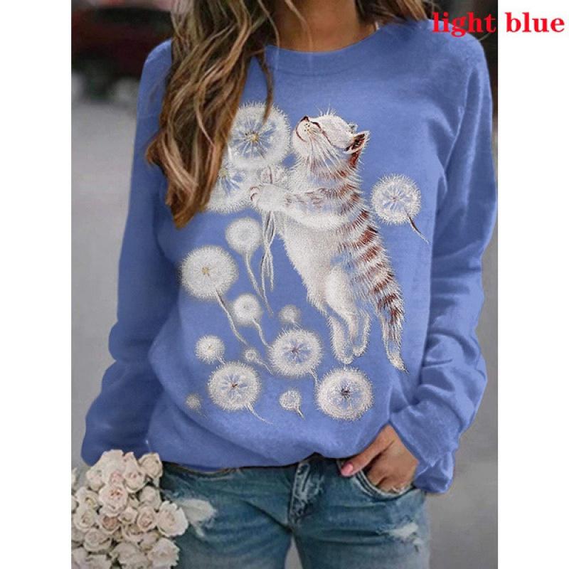 Cartoon Cat Print Pattern Casual Round Neck Long Sleeve T-Shirt