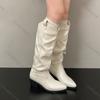 Comemore 2025 New Autumn Pleated Thigh-high Boots Retro Thick Heel Pointed Head Stacked Female Long Botas V-mouth Women's Shoes